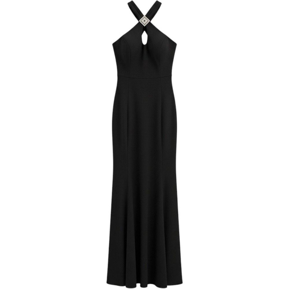 Cache Halter Evening Gown 10 Black Rhinestone Buckle Keyhole Maxi Slit